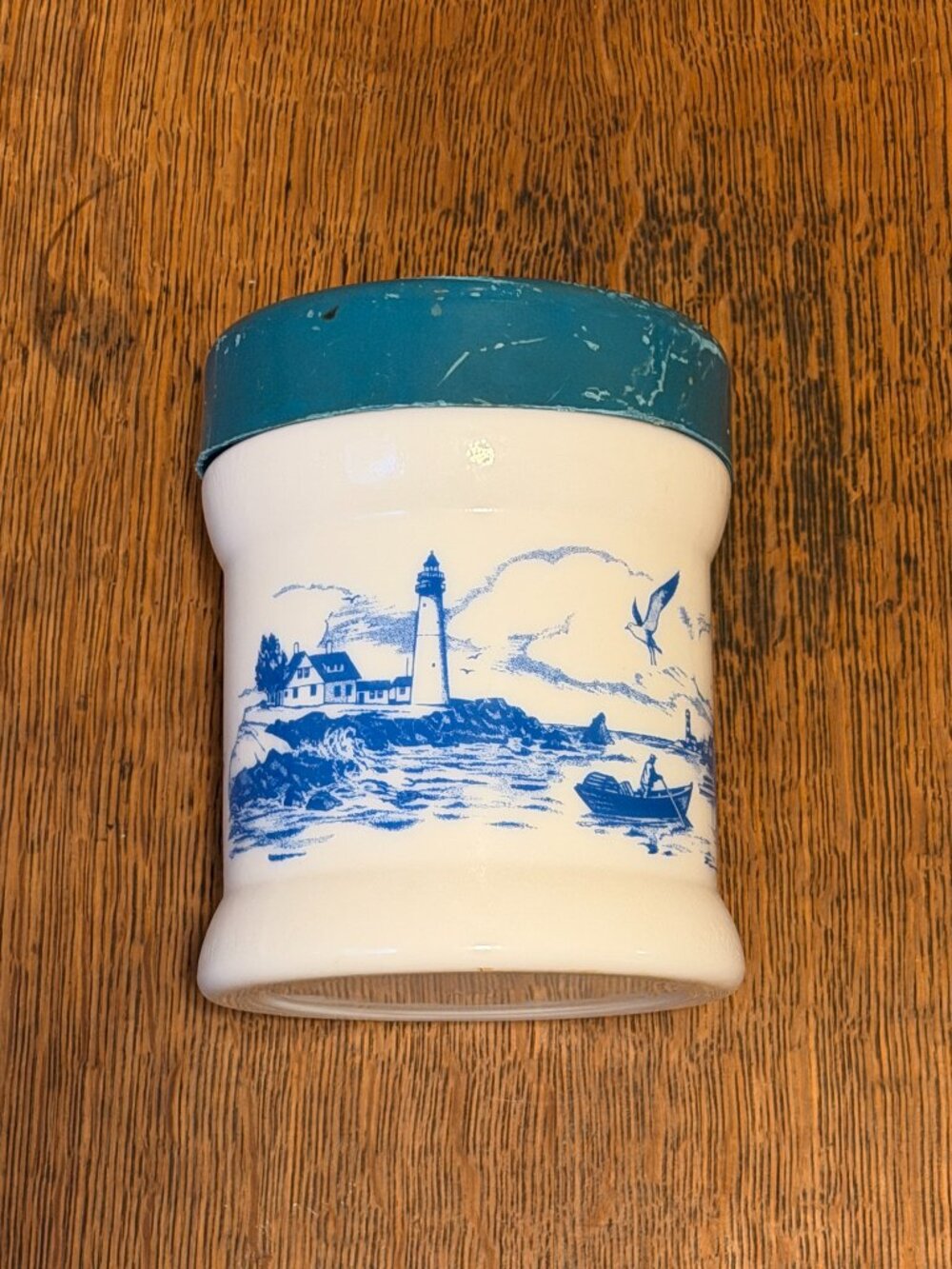 Vintage 1970s Milk Glass Tobacco Humidor Jar - White/Blue Coastal Fishing Scene